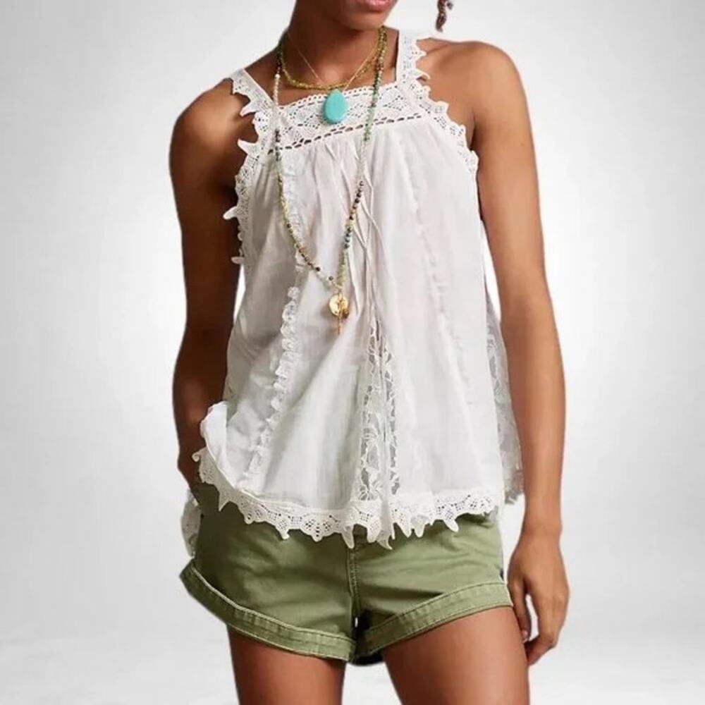 Anthropologie White Lace-Trim Sleeveless Halter Top